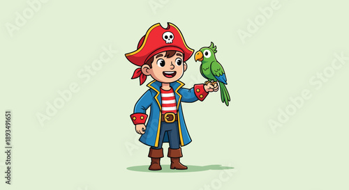 Cute Cartoon Pirate Boy with Parrot Illustration.