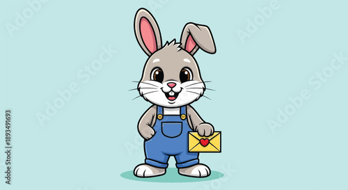 Cute Cartoon Rabbit Wearing Overalls Holding an Envelope.