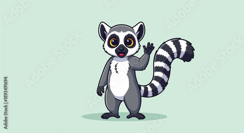 Cute Cartoon RingTailed Lemur Waving Hand Illustration.