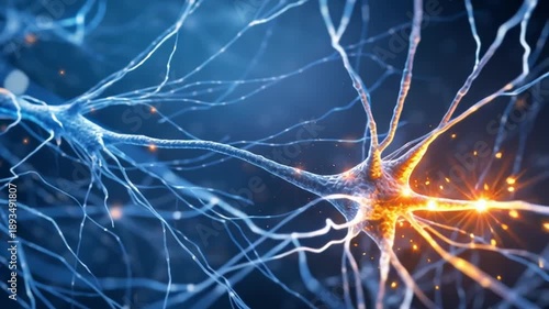 Neuron brain neuroscience sleep stress synapse network signal biology science glowing connection digital illustration of biological network synapse signal flow during sleep study and stress science
