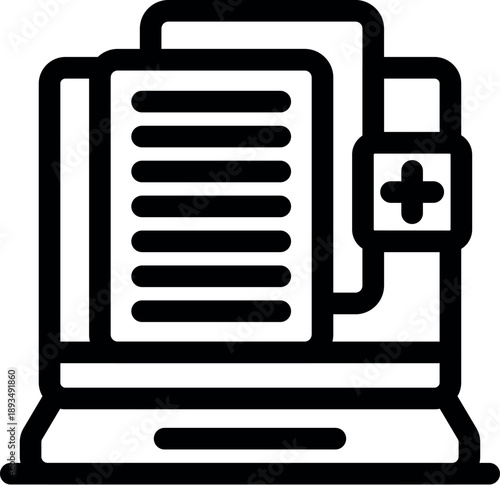 Electronic health records being uploaded to laptop, symbolizing online medical records, telehealth, and digital healthcare management