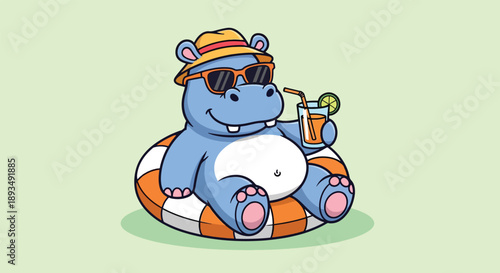 Cute Hippo Relaxing on a Float with a Drink.