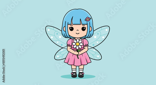 Cute little fairy with blue hair holding a flower.