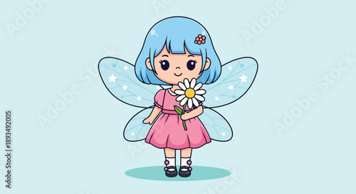 Cute little fairy with blue hair holding a flower Illustration.