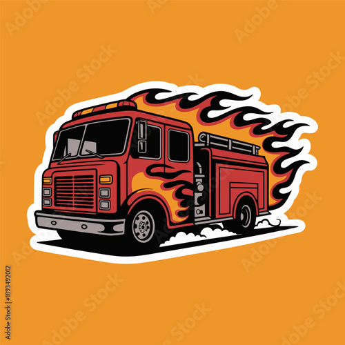 Fire Truck with Flames Cartoon Illustration