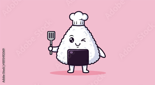 Cute Onigiri Chef Character Holding Spatula.