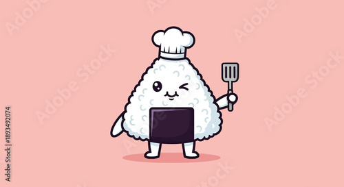 Cute Onigiri Chef Character Winking with Spatula.