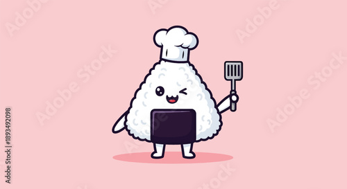 Cute Onigiri Chef Winking with Spatula.