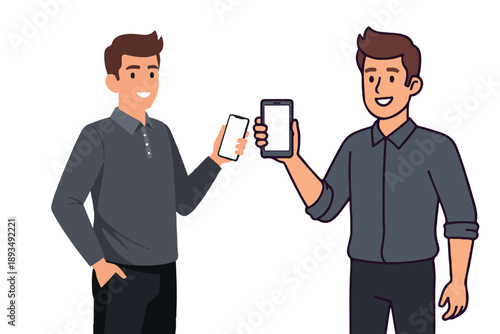 A handsome smiling executive in a professional suit and tie holds a cellphone while a waiter serves wine to the successful businessman and his companion