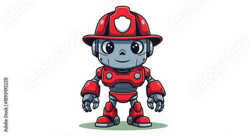 Cute Robot Firefighter Cartoon Illustration.