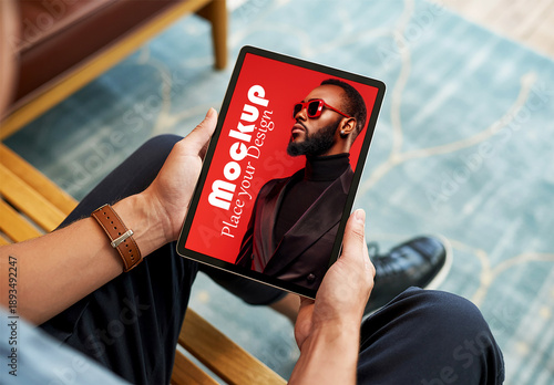 Tablet Device Mockup Held by Person on Lap