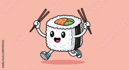 Cute Sushi Roll Character Running with Chopsticks.