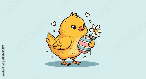 Cute Yellow Chick Holding Easter Egg and Flower.