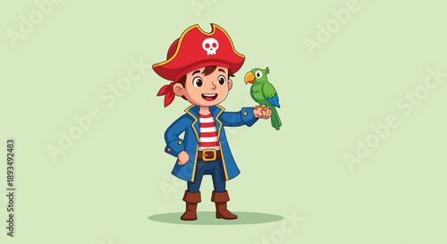 Happy young pirate boy with a green parrot on his hand.