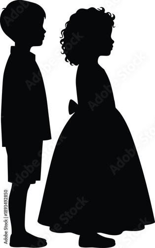 Kids silhouette standing behind girl expressing shy childhood affection friendship innocent love vector illustration black minimal flat design style concept