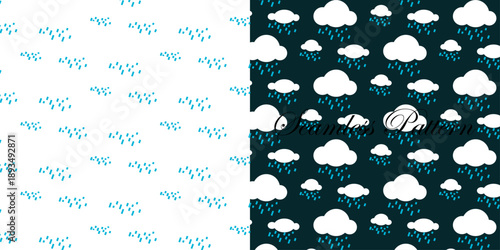 Two seamless weather patterns featuring cheerful raindrops and fluffy white clouds isolated on transparent background, Vector