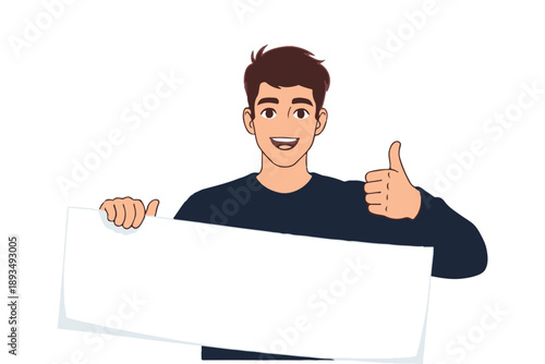 A handsome young businessman smiling while holding a blank board and pointing at the empty advertising space to show a message or banner advertisement