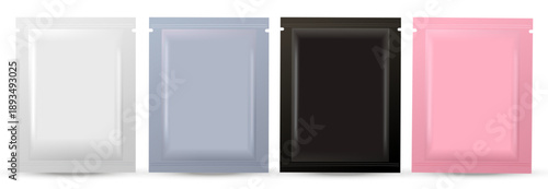 Realistic vector illustration of set of blank cosmetic sachets without text or branding on white background. The sachets are presented in white, gray, black, and pink colors. Ideal for mockups, cosmet
