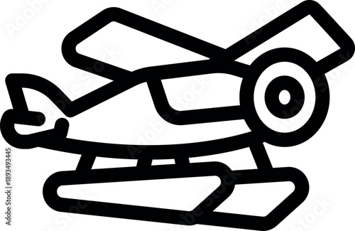 Simple black and white icon of a seaplane soaring, featuring pontoons for water landings and takeoffs