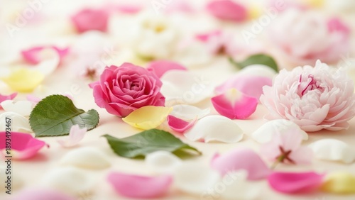 Close up of delicate floral arrangement with rose and petals
