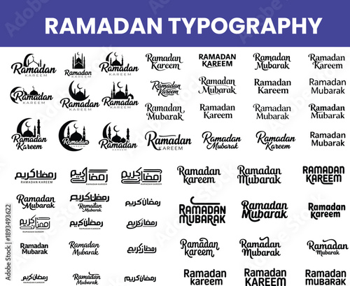 Ramadan typography collection with various arabic and english greetings for festive occasions