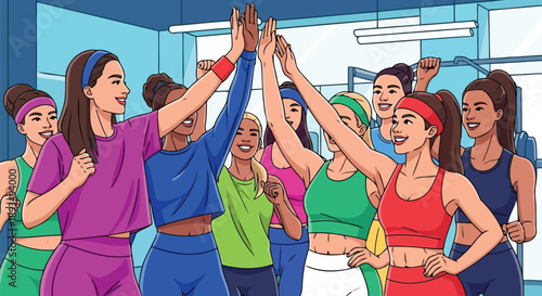 Fitness women team high five in gym vector illustration workout
