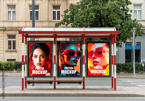 Three Vertical Poster Mockups in Bus Shelter