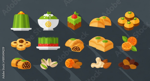 Variety of asian desserts and snacks on a dark background including traditional sweet treats and fruits