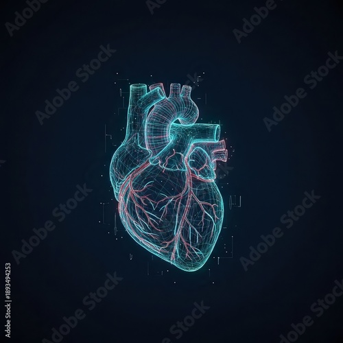Detailed digital illustration of a human heart anatomy from a frontal viewpoint showcasing cardiac structure