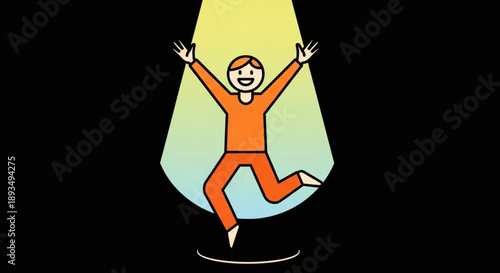 Smiling man jumping in air with arms raised under bright spotlight on black background
