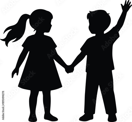 Kids silhouette holding hands with boy waving symbolizing childhood friendship joy innocence vector illustration black minimal flat design style conceptKids silhouette holding hands with boy wavi