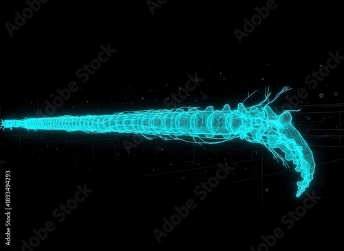 A glowing neon blue scorpion illustration on a black background from a side viewpoint showcasing its tail and claws