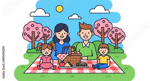 Family having a picnic in the park on a sunny day with children and parents