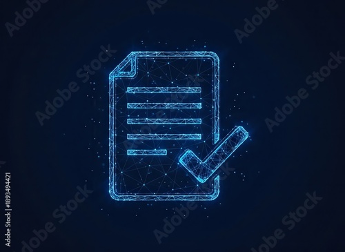 Digital document approval symbol with checkmark on dark background viewed from directly above