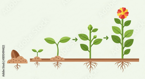 Plant growth stages from seed to blooming flower with roots and soil