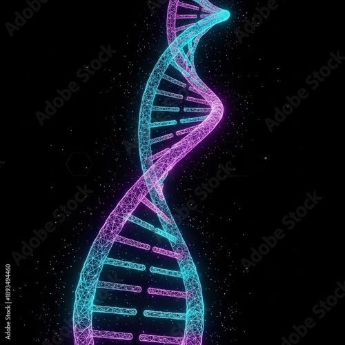 A glowing DNA double helix structure illuminated in neon blue and purple hues floating in a dark space viewed from a close-up perspective