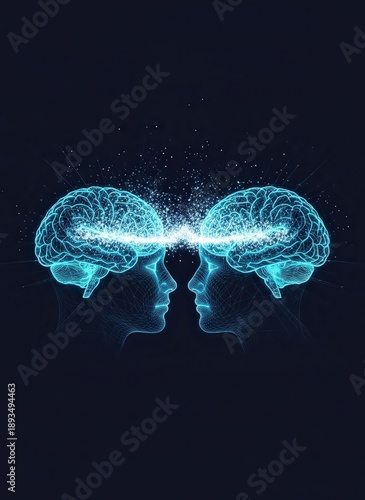 Two human brains connecting through a burst of light, symbolizing mental fusion and idea exchange between individuals