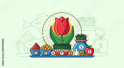 Colorful illustration of a tulip with savings and food on a tray symbolizing frugal living and financial planning
