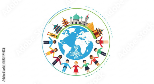 Diverse people holding hands around the globe with landmarks and symbols representing unity and international connection