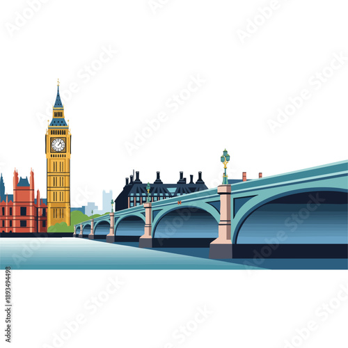 Flat vector illustration of London landmarks featuring Big Ben Elizabeth Tower and Westminster Bridge with arched architecture over the Thames River
