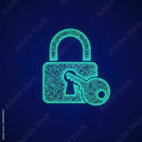 Unlocking security padlock illustration with key on dark background from a digital perspective