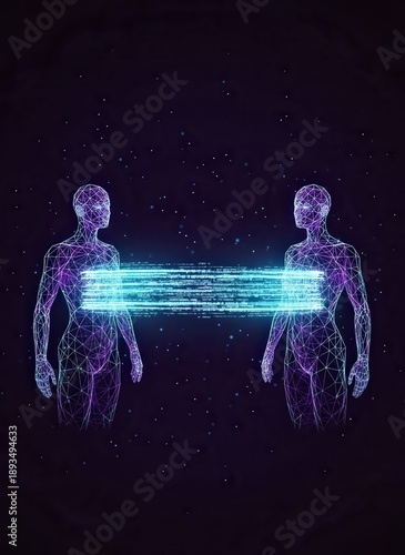 Digital representation of human connection through neon-lit wireframe figures in a dark space