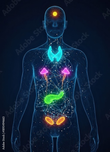Human body illustration highlighting vital organs in a futuristic neon-lit visualization from a frontal viewpoint