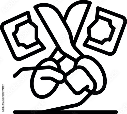 Scissors cutting banknote, representing cost reduction, budget cuts, or stopping spending money