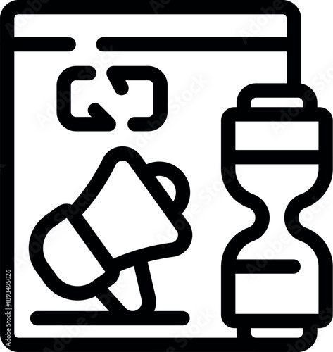 Megaphone and hourglass symbolize the time sensitive nature of marketing campaigns, emphasizing deadlines and strategic planning