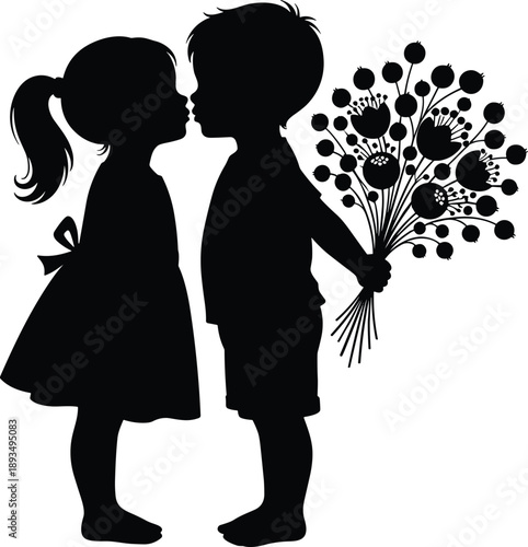 Kids silhouette couple kissing with boy holding flowers showing innocent childhood love romance vector illustration flat black design art style