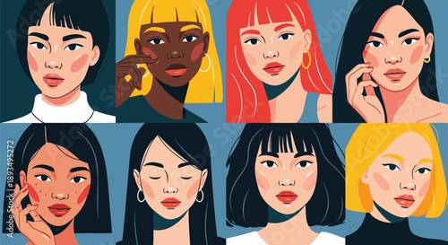 Diverse women faces collection vector illustration set beauty skin