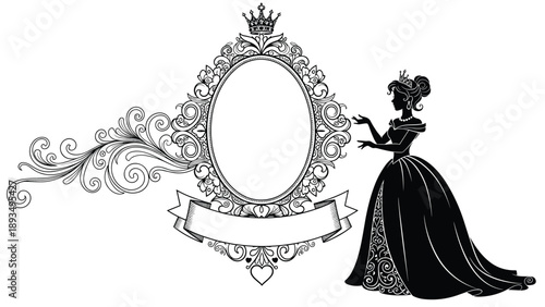 Elegant black and white silhouette of a princess in a ball gown standing next to an ornate vintage oval frame with a crown.