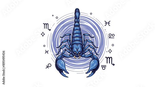 Detailed vector illustration of a blue scorpion representing the Scorpio zodiac sign, set against a purple cosmic background.