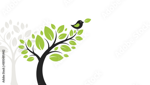 Minimalist illustration of a small bird with a leaf in its beak perched on a tree branch with bright green leaves.